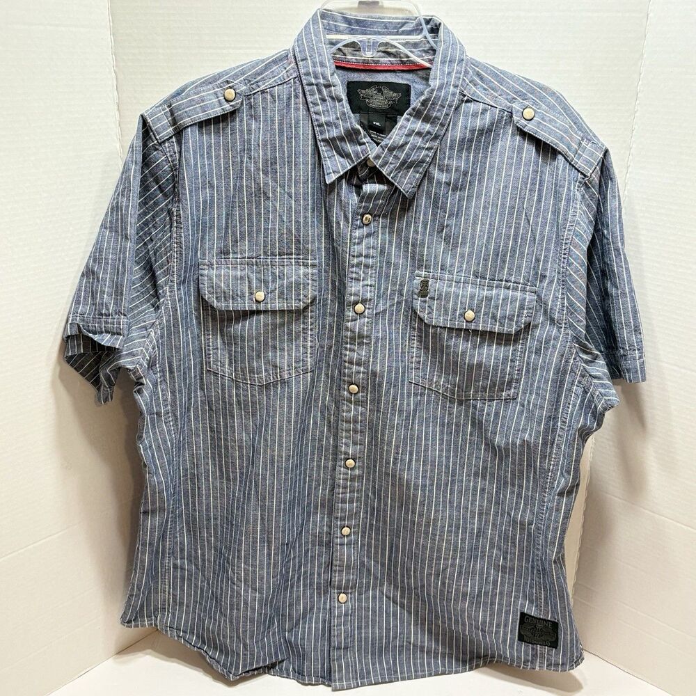 Harley Davidson Mens Chambray Striped Short Sleeve Button Up Shirt 2XL
